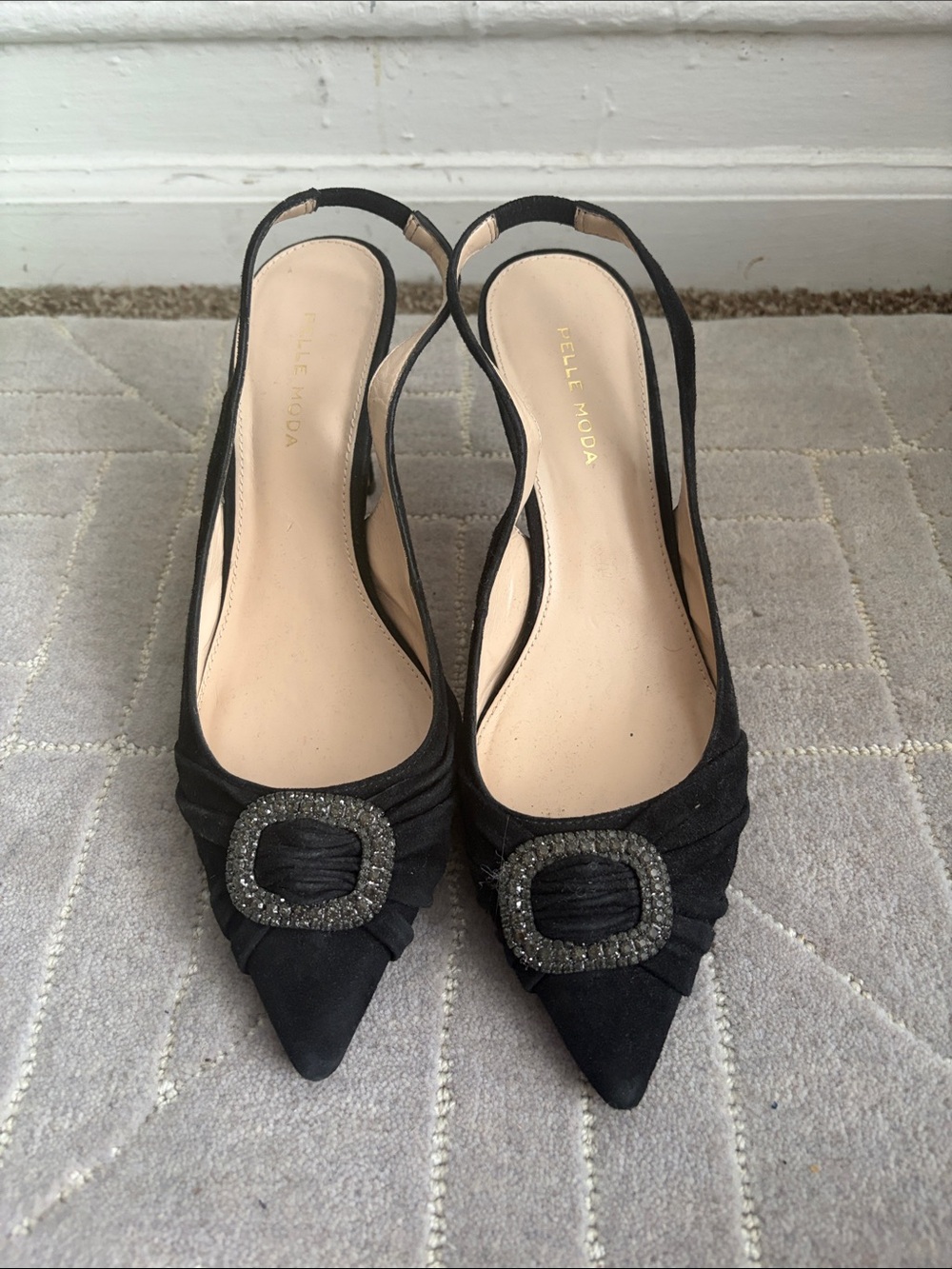 Pelle Moda Black Pointed Slingback Pumps with Crystal-Embellished Buckle